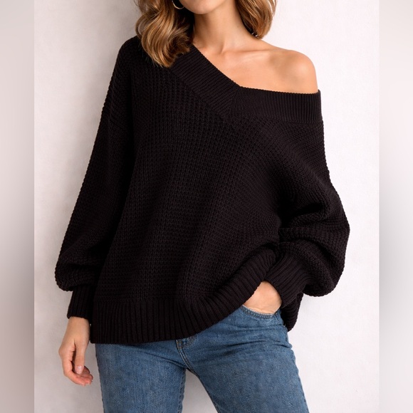 Zenana🖤 Black Waffle Knit V-Neck Oversized Sweater 🖤 - Picture 2 of 12
